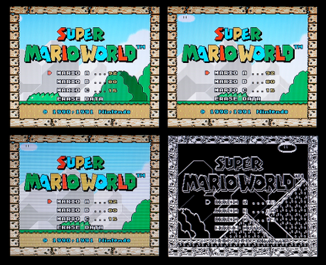 (Going left to right, starting in the upper left corner.) Super Mario World with default rendering settings, with interpolation turned on, with scanlines added for a retro effect, and with a bizarre X-ray filter applied.